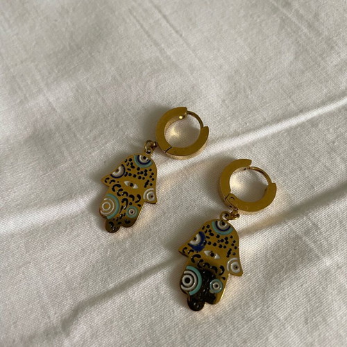 Gold earrings with Fatima hand design and black, blue, white details, new