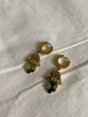 Gold earrings with Fatima hand design and black, blue, white details, new