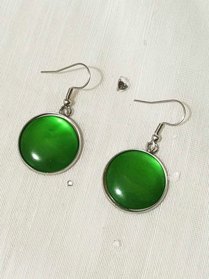Round earrings with green cabochon new, stainless steel