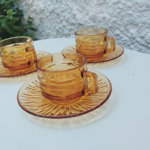 Vintage coffee set 3 pieces amber glass Sunflower design