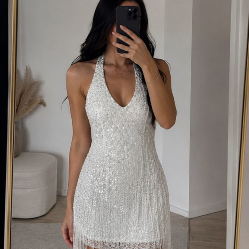 Mini dress with sequins and fringes, white and silver