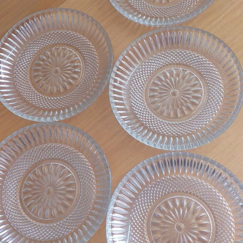 Vintage glass dessert plates used, set of 5