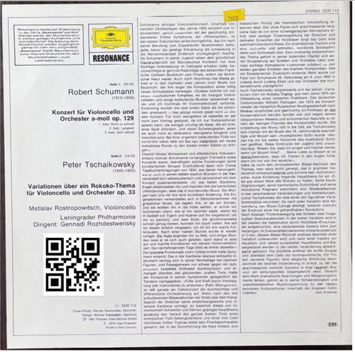 Schumann Tchaikovsky Cellokonzert Rokoko Variationen vinyl used, classical