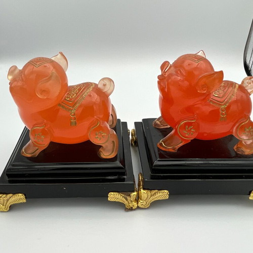 Vintage Feng Shui amber honey Murano-style pig figurines pair
