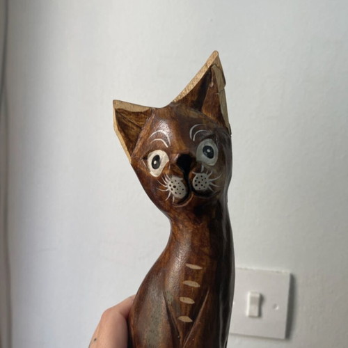 Vintage wooden cat set used, boho Balinese style decor, 3 pieces