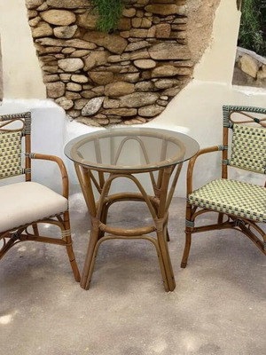 Bamboo dining set new with glass and 4 armchairs