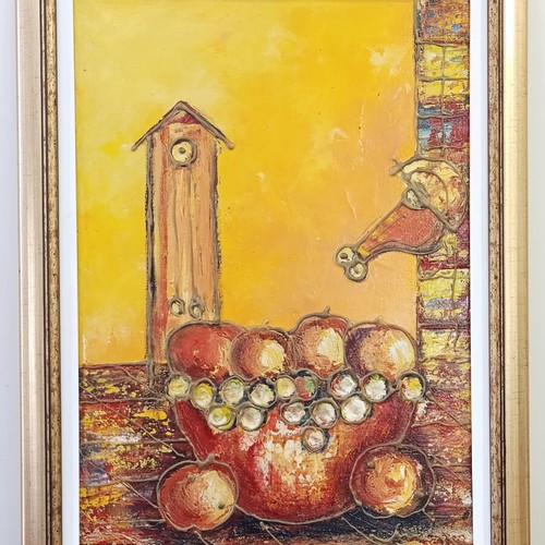 Modern art painting with surreal elements in beautiful frame 65x48 cm