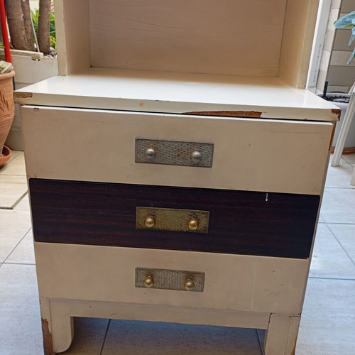 Vintage nightstand with 3 drawers used, wood, 1970s