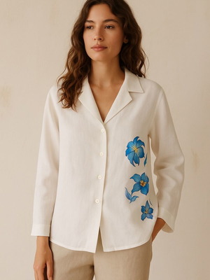 Linen shirt with blue floral hand painting, like new
