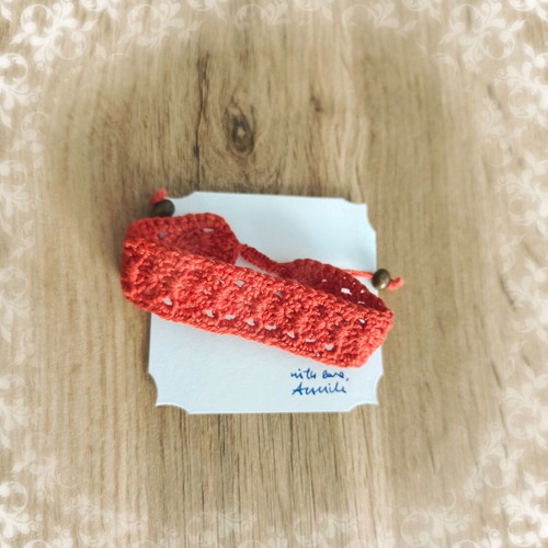Knitted bracelet new red with beads made of cotton thread