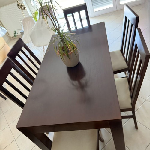 Wenge solid wood dining table with 6 chairs, light seat