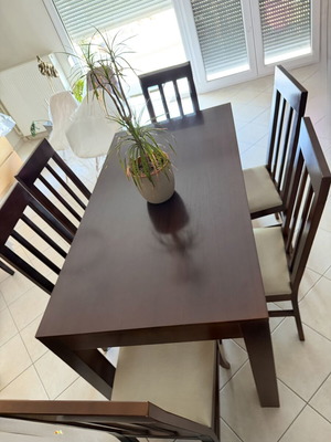 Wenge solid wood dining table with 6 chairs, light seat