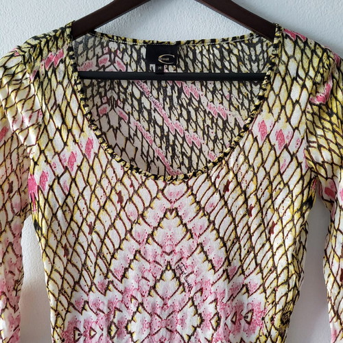 Just Cavalli vintage Y2K reptile print cotton mesh top, pink multicolor
