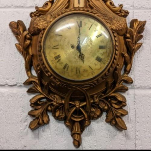 Wall clock Louis XVI style used, mid-20th century, with thermometer
