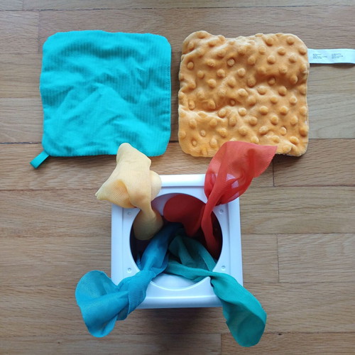 Activity box with scarves like new for babies from 3 months