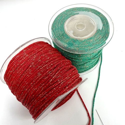 Cord for handmade crafts, 2 spools red and green with gold thread