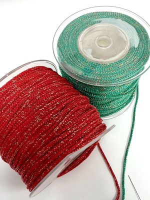 Cord for handmade crafts, 2 spools red and green with gold thread