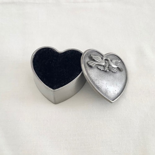 Vintage Metal Heart Jewelry Box with Embossed Doves and Roses like new