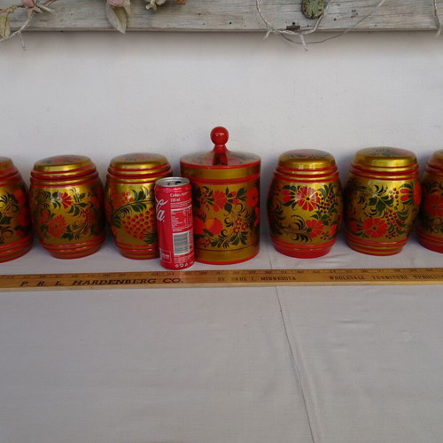 Khokhloma jars used, set of 7 wooden handmade vintage