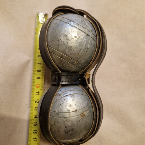 Petanque balls French game heavy metal, used with surface scratches