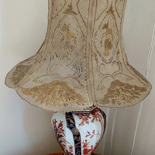 Vintage table lamp with porcelain base and handmade lampshade, like new