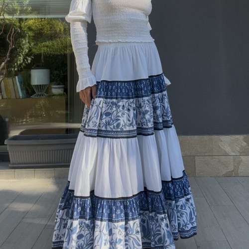 Vintage Parisian Tiered Maxi Skirt blue and white floral like new