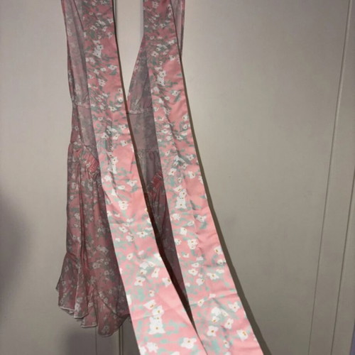 Fullah Sugah summer jumpsuit with open back, pink and white