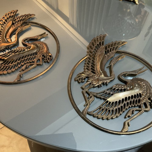 Handmade copper wall decorations set of 2 with stork relief