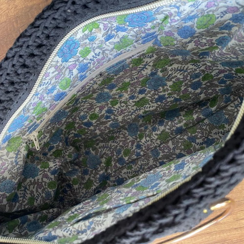 Handmade black tote bag with gold handles and floral lining new