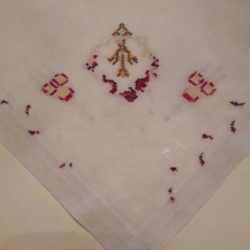 Hand-Embroidered Tablecloth like new, ecru with earthy, burgundy and olive tones