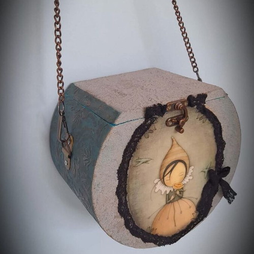 Wooden handmade shoulder bag with chain multicolor new