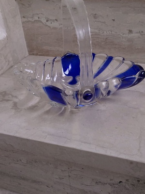 Vintage Italian crystal candy bowl with plastic handle and blue design