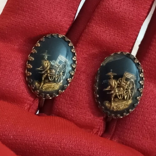 Antique bronze earrings with painted glass, used