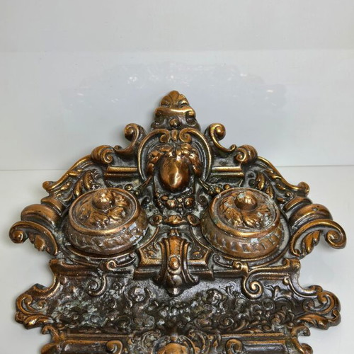 Victorian Baroque style double inkwell, brass with copper plating