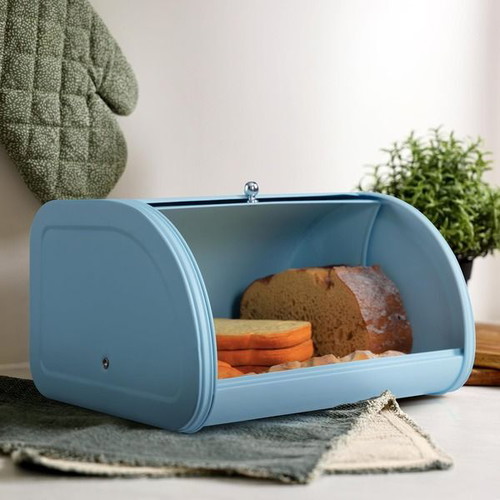 HollyHOME metal bread box with roll-top lid, light blue