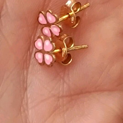 Gold earrings 14 carat with pink enamel new