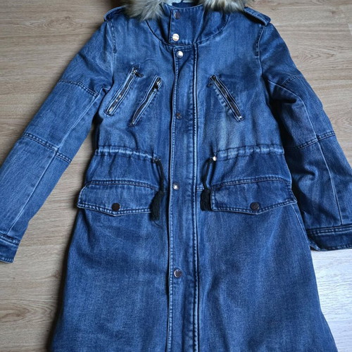 Denim jacket with sherpa parka and hood like new, blue