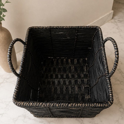 Handmade woven basket with metal frame, like new, black