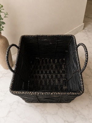 Handmade woven basket with metal frame, like new, black