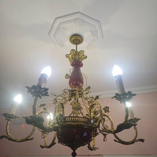 Antique chandeliers set of 2 with bronze frame and deep red details new