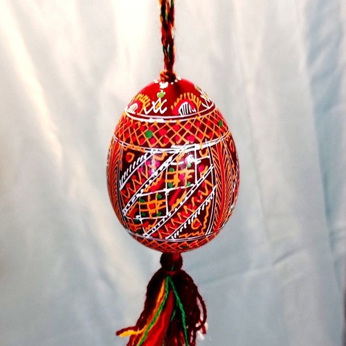Handmade Wooden Decorative Egg Pysanka like new with Hanging Cord