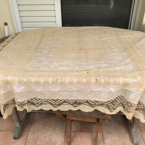 Antique embroidered tablecloth used, Venetian style