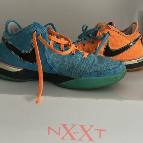 LeBron basketball shoes used, size 46, blue and orange Nike sneakers