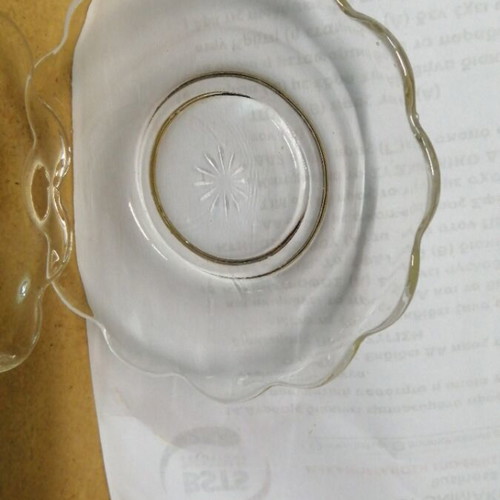 Vintage glass dessert plates set used, 3 transparent 1 blue