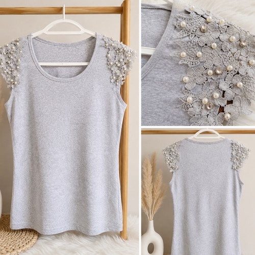 Gray blouse with lace shoulders and pearls, like new, size M