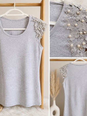 Gray blouse with lace shoulders and pearls, like new, size M