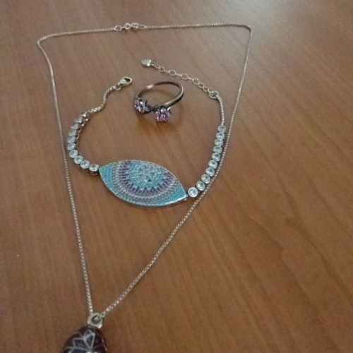 Jewelry set new 925 silver necklace with Faberge egg pendant, bracelet, ring with pink zirconia