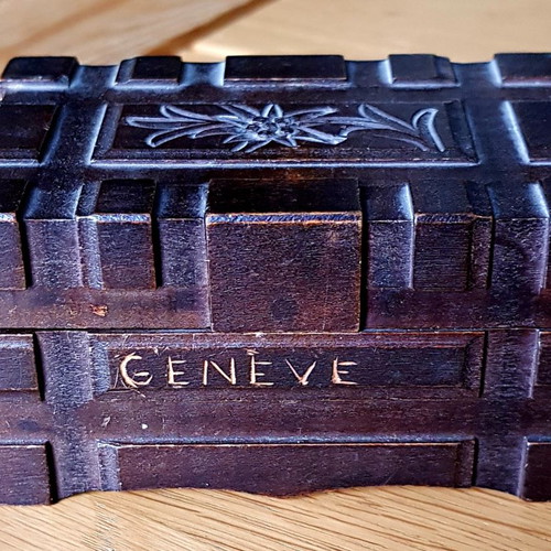 Wooden carved antique box Swiss 1940