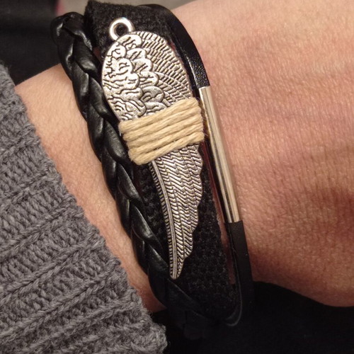 Men's handmade bracelet PU leather and stainless steel angel feather new