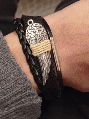 Men's handmade bracelet PU leather and stainless steel angel feather new